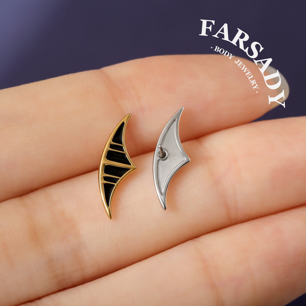 Sterling Silver Lunar Eclipse Threadless Flat Back Stud, Black Enamel Cartilage Earring for Helix, Tragus, Conch, Daith, Rook, Lobe Piercing Jewelry, Hypoallergenic Piercing Gift