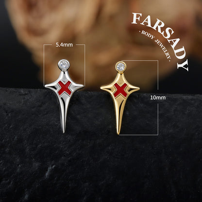 Sterling Silver Red X Threadless Labret, F136 Titanium Push Pin Stud, 925 Silver Gothic Earring, 16G 18G 20G Flat Back, Helix Tragus Conch Piercing Jewelry