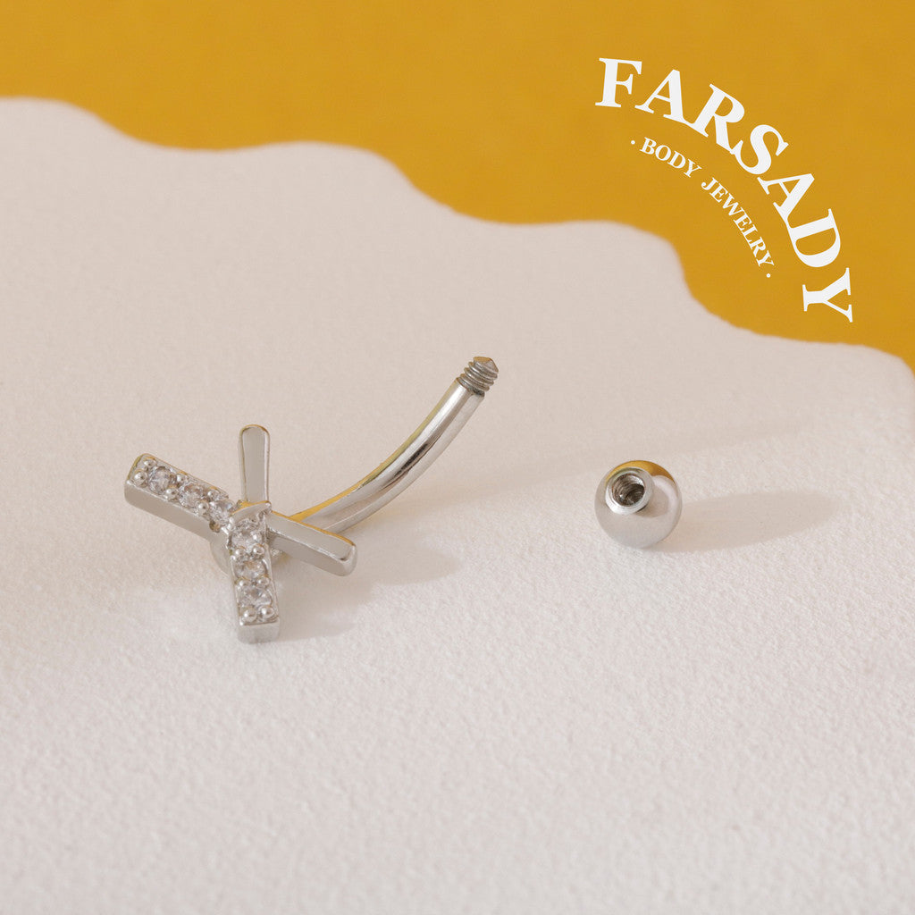 Cross Star Trace - 316L Clear CZ Curved Barbell / Fits 16G Rook Daith Earring Lip Eyebrow Cartilage Piercing