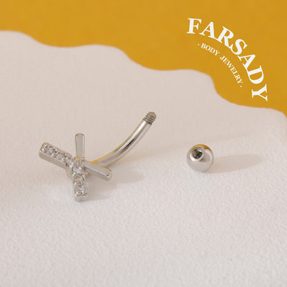 Cross Star Trace - 316L Clear CZ Curved Barbell / Fits 16G Rook Daith Earring Lip Eyebrow Cartilage Piercing