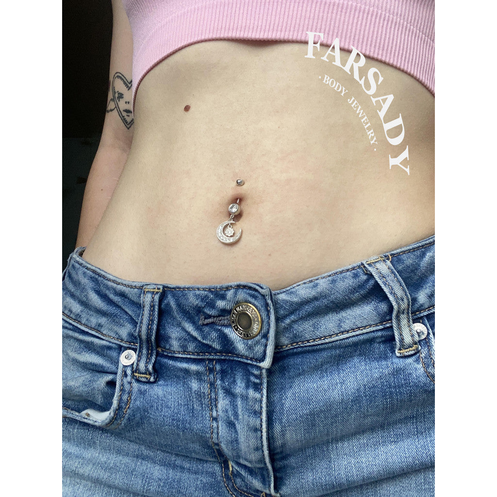Midnight Orbit - 925 Silver Clear CZ Belly Button Ring / Fits 14G Navel Piercing