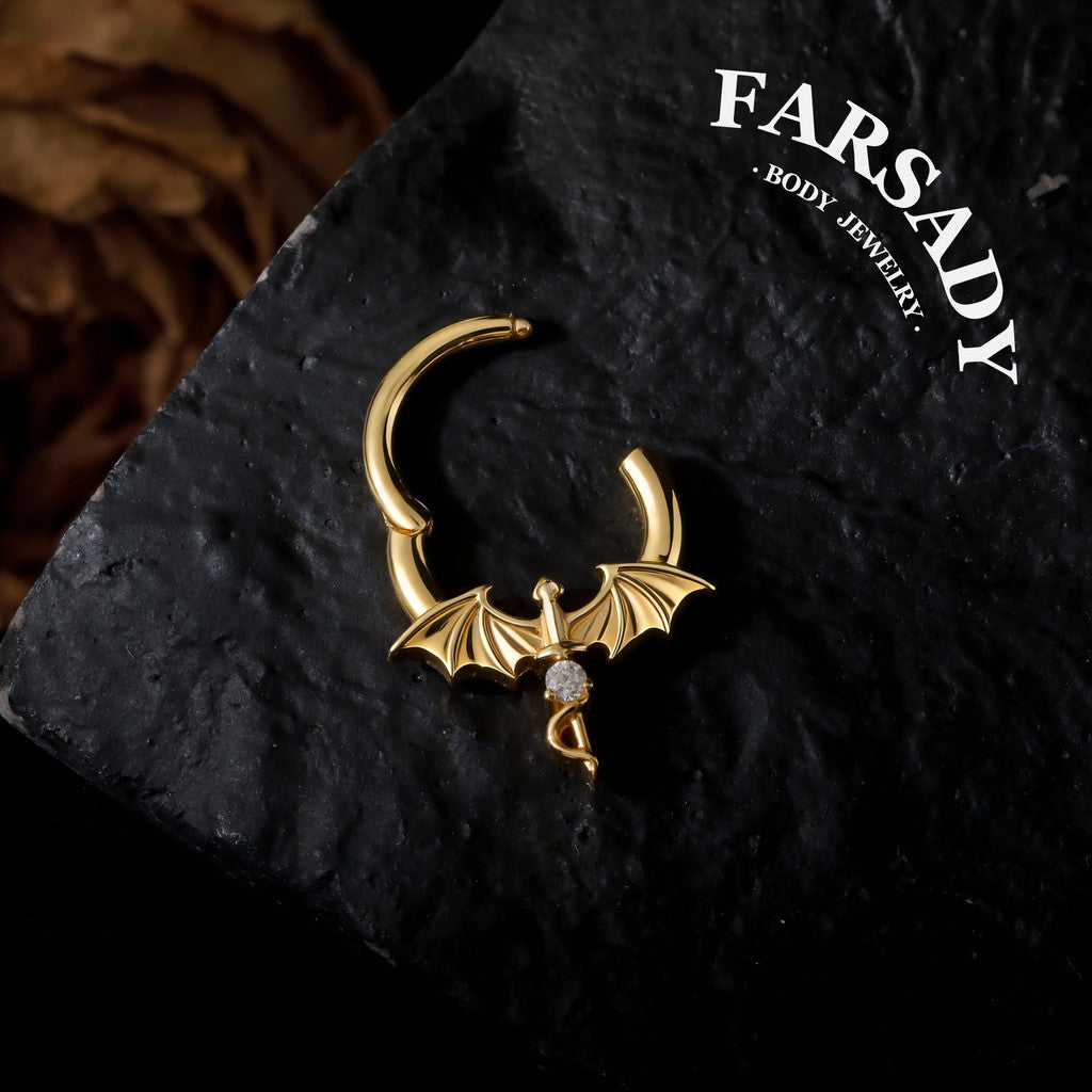 Winged Dagger - Dragon Wing CZ Hinged Clicker Hoop / Fits 16G Septum Ring Helix Conch Daith Earring