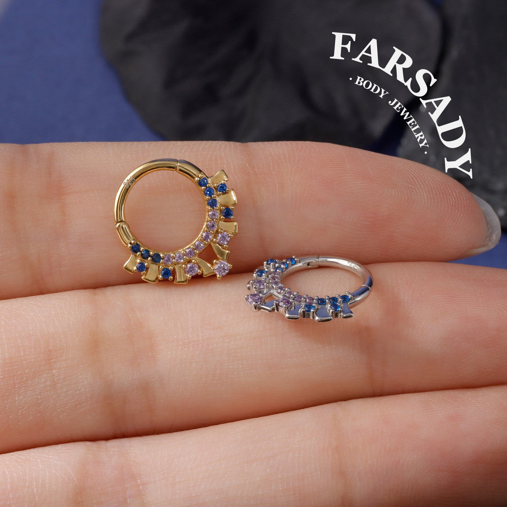 Dusk Fan - 925 Silver CZ Hinged Clicker Hoop / Fits 16G Septum Ring Helix Conch Daith Earring