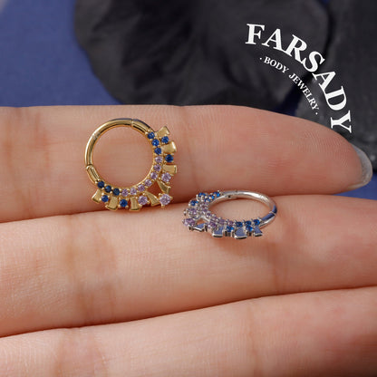 Dusk Fan - 925 Silver CZ Hinged Clicker Hoop / Fits 16G Septum Ring Helix Conch Daith Earring