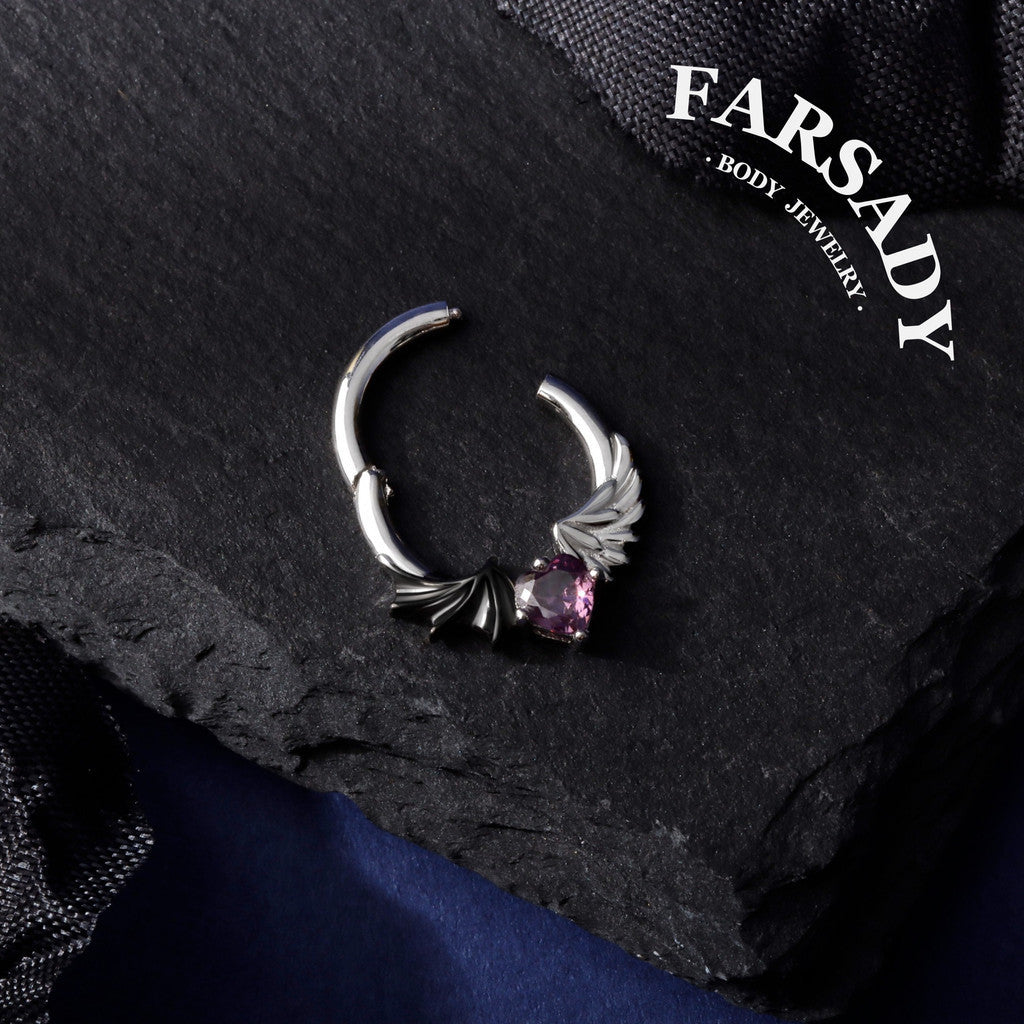 S925 Silver Purple CZ Heart Septum Ring 16G Angel Devil Design Hinged Daith Ear Hoop Gothic Style Body Piercing Jewelry