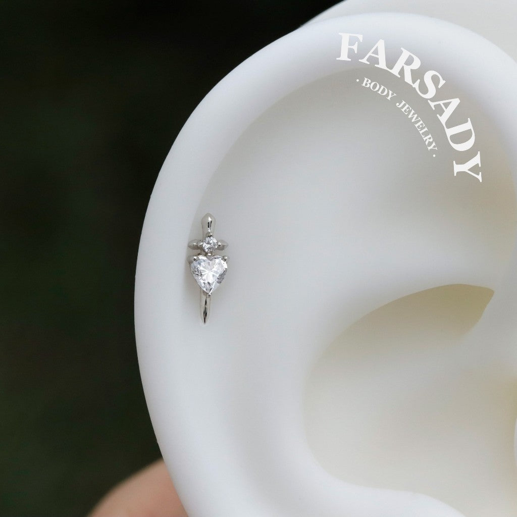 Valor Heart - Sterling Silver Push In Stud / Fits Cartilage Helix Tragus Lobe Earring  Nose Stud / Threadless Flat Back Piercing, Daily Wear Elegant Jewelry, Perfect for Gift