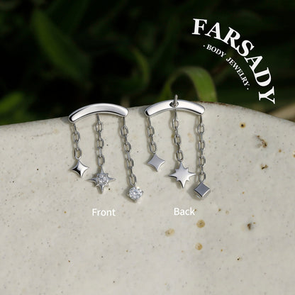 Triple Star Dangle Hidden Helix Threadless Earring, Implant Grade Push-in Stud, Flat Back Floating Helix Piercing Jewelry, 16G/18G/20G
