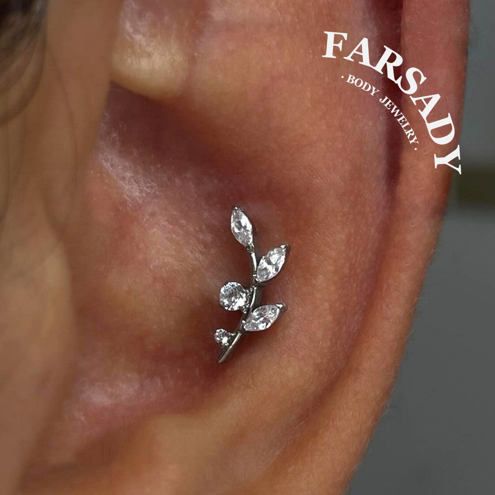 16G Titanium Flat Back Earrings for Women Conch/Helix/Foward Helix/Tragus/Hypoallergenic Piercing Jewelry Internal Thread Cartilage Stud Gold Silver CZ Branch Earrings
