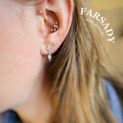 16G Titanium Flat Back Earrings for Women Conch/Helix/Foward Helix/Tragus/Hypoallergenic Piercing Jewelry Internal Thread Cartilage Stud Gold Silver CZ Branch Earrings