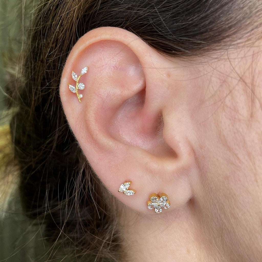 16G Titanium Flat Back Earrings for Women Conch/Helix/Foward Helix/Tragus/Hypoallergenic Piercing Jewelry Internal Thread Cartilage Stud Gold Silver CZ Branch Earrings