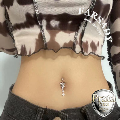 14G Sterling Silver Butterfly Dangle Belly Button Ring - Clear CZ 8mm to 12mm  Navel Body Piercing Jewelry - Non Healed Piercing Friendly Body Jewelry