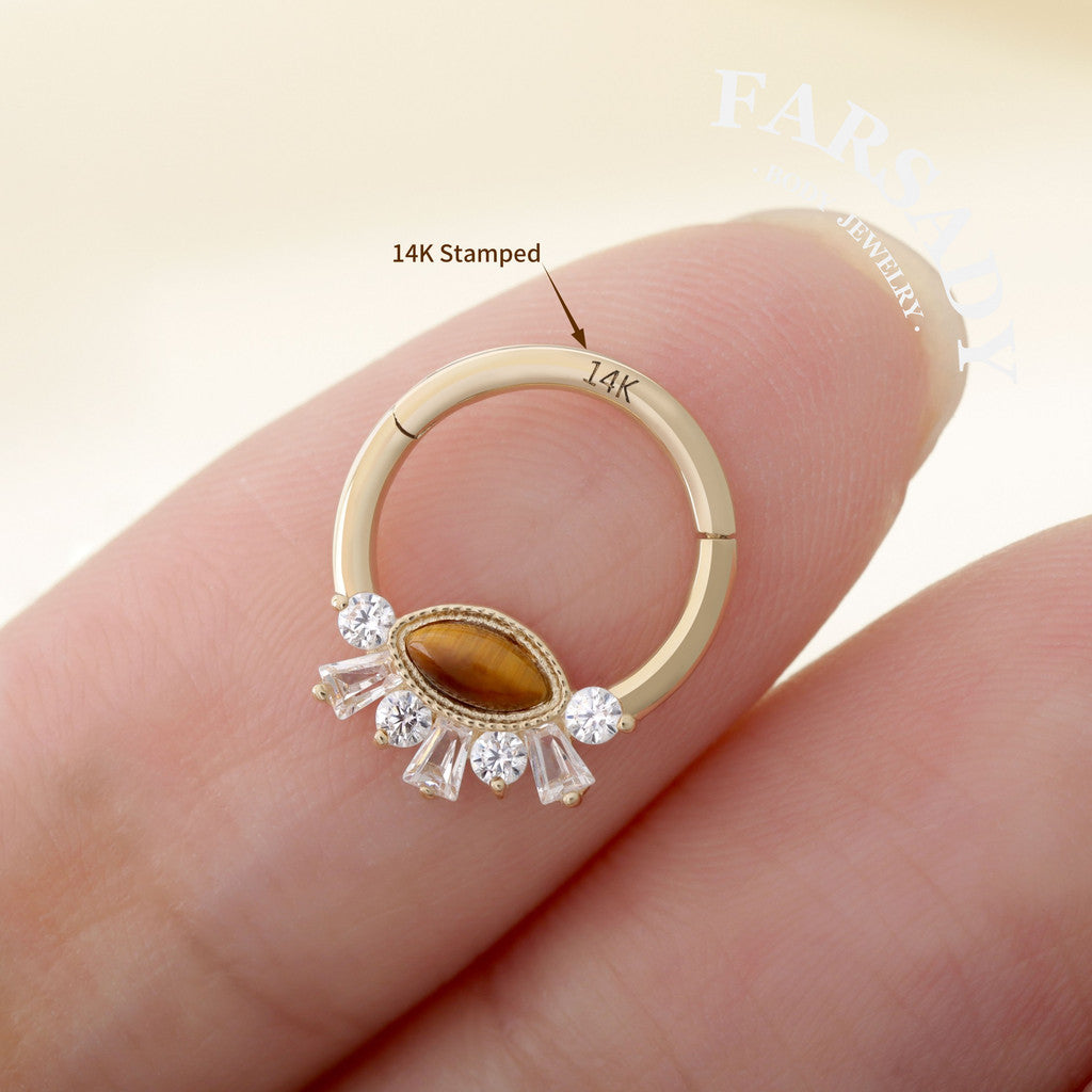 Tiger Eye Radiance - Solid 14K Gold Hinged Clicker Hoop / Fits 16G Septum Ring Helix Conch Cartilage Earring