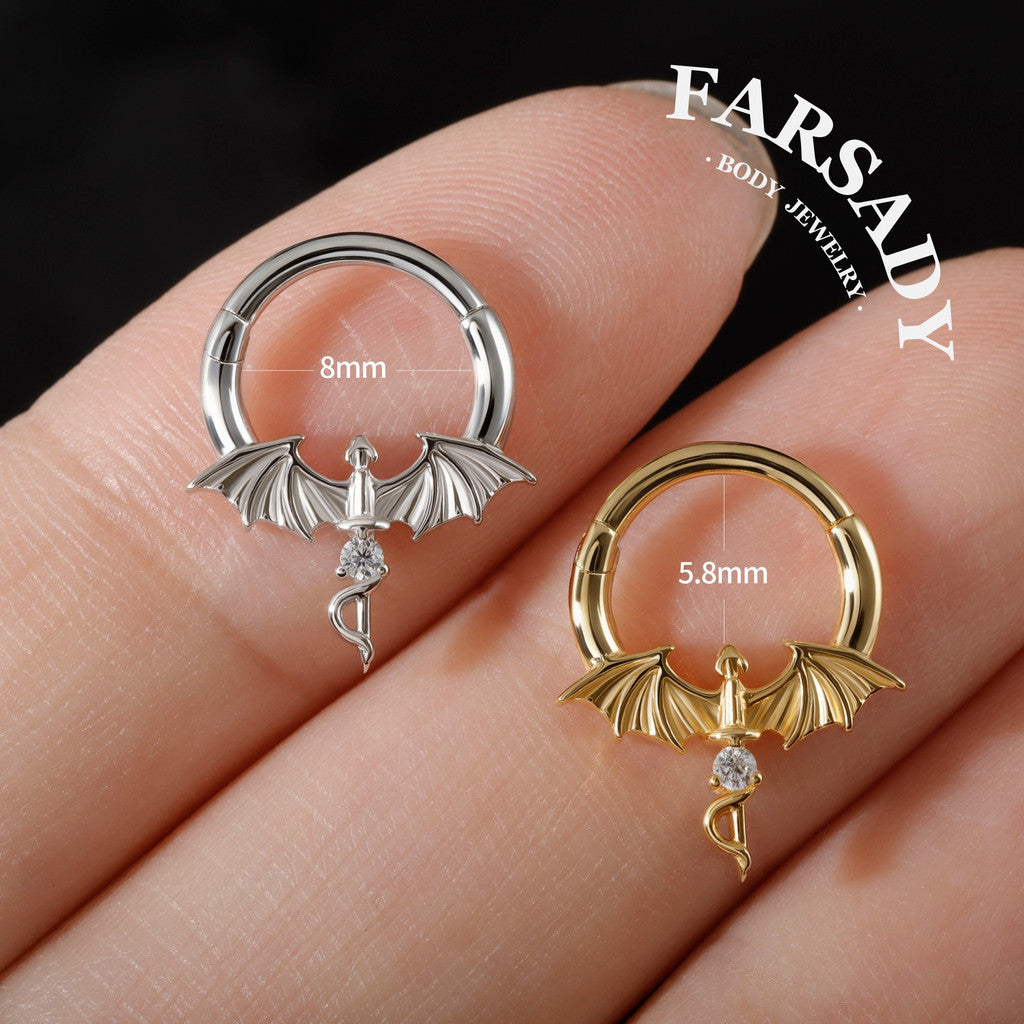 Winged Dagger - Dragon Wing CZ Hinged Clicker Hoop / Fits 16G Septum Ring Helix Conch Daith Earring