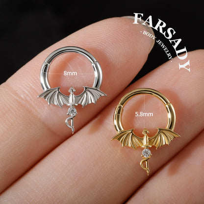 Winged Dagger - Dragon Wing CZ Hinged Clicker Hoop / Fits 16G Septum Ring Helix Conch Daith Earring