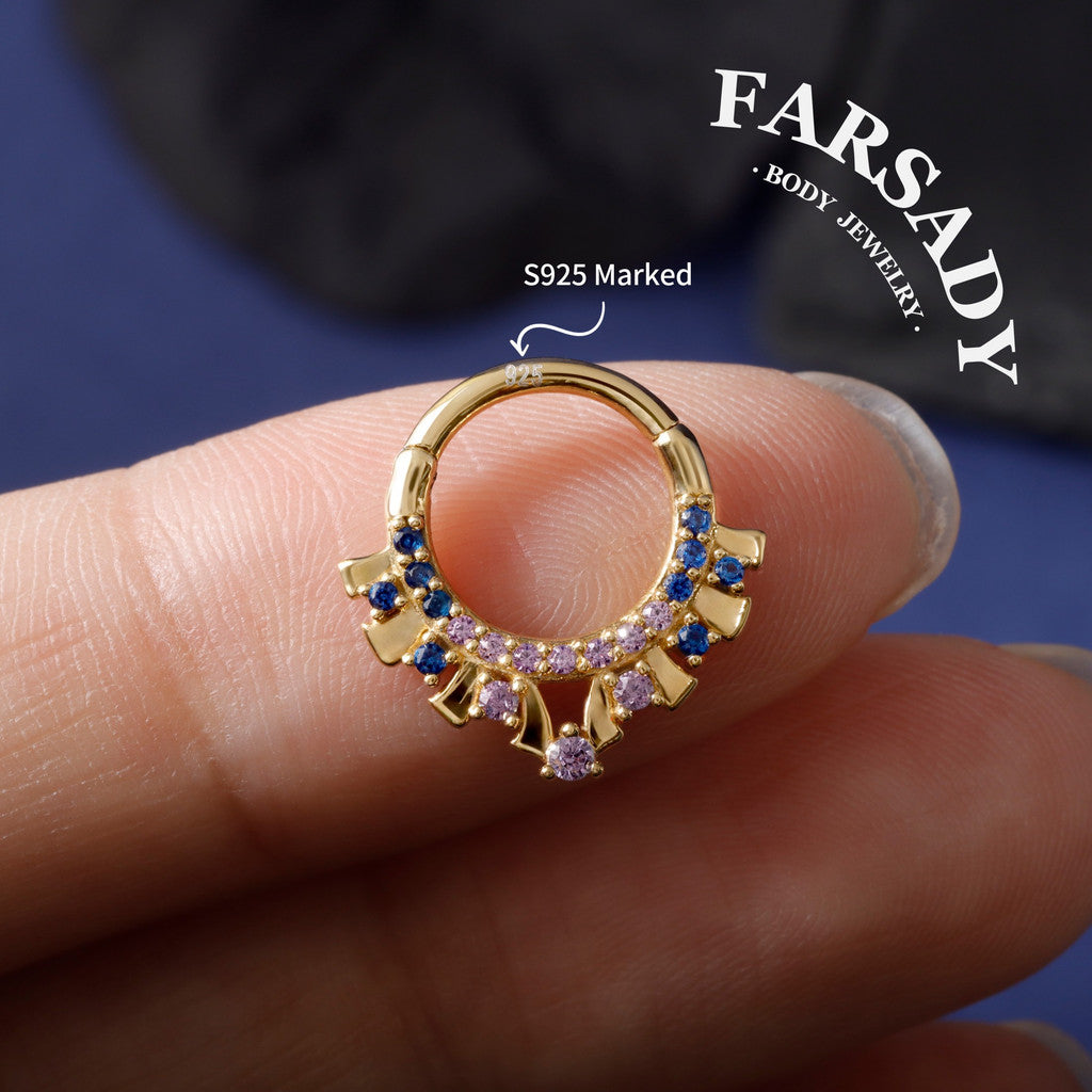 Dusk Fan - 925 Silver CZ Hinged Clicker Hoop / Fits 16G Septum Ring Helix Conch Daith Earring