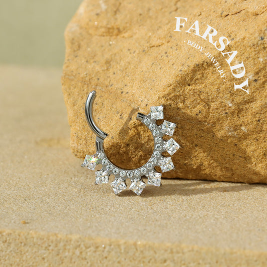 Diamond Spire - F136 Titanium Hinged Clicker Hoop / Fits 16G Septum Ring Helix Conch Cartilage Earring