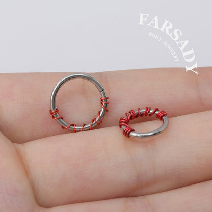 Scarlet Coil - Red Wire Spike Hinged Clicker Hoop / Fits 16G Septum Ring Helix Conch Cartilage Earring