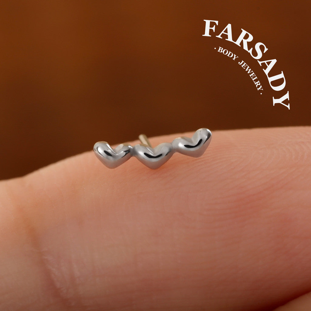 Triple Hearts - 925 Silver Threadless Stud / Fits Cartilage Helix Tragus Lobe Nostril Piercing