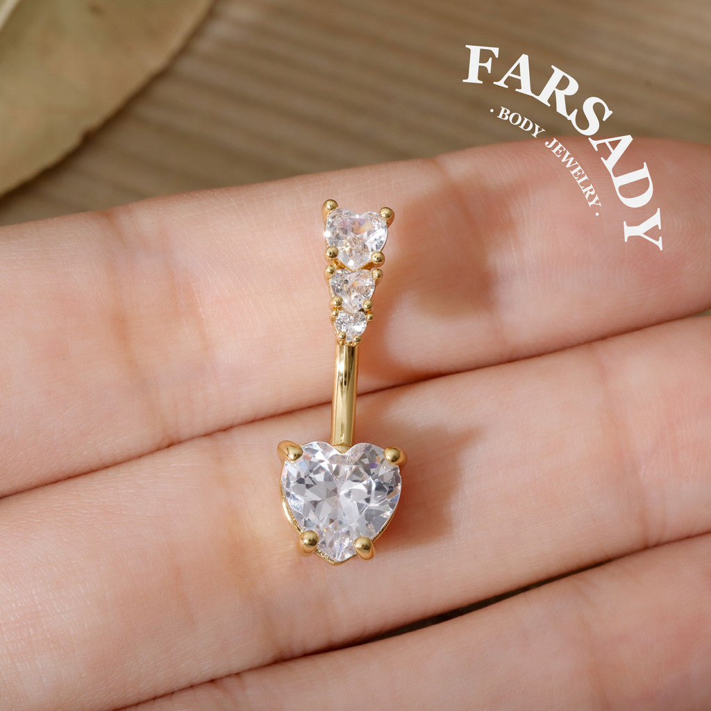Triple Heart Gleam - 316L Clear CZ Belly Button Ring / Fits 14G Navel Piercing