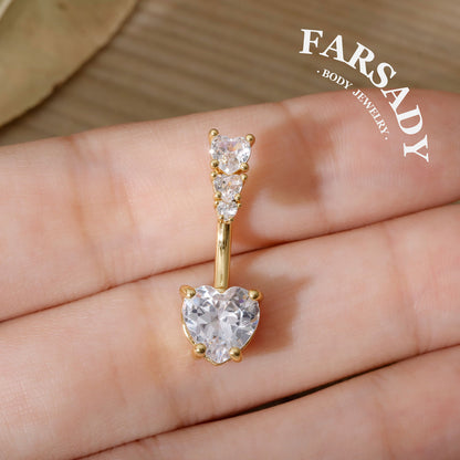Triple Heart Gleam - 316L Clear CZ Belly Button Ring / Fits 14G Navel Piercing