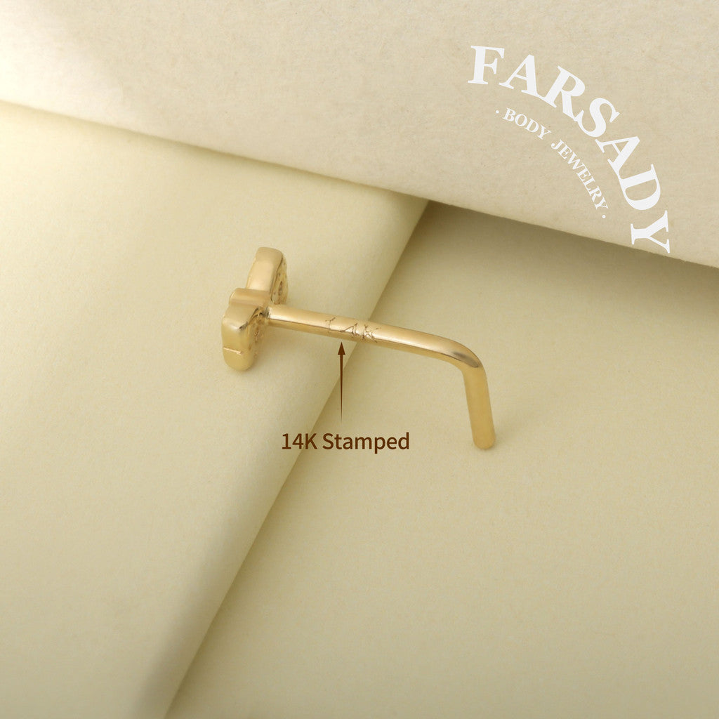 Minimal Heart & Bow CZ - Solid 14K Gold L-Shape Stud / Fit 20G Nostril Piercing