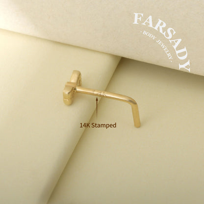 Minimal Heart & Bow CZ - Solid 14K Gold L-Shape Stud / Fit 20G Nostril Piercing