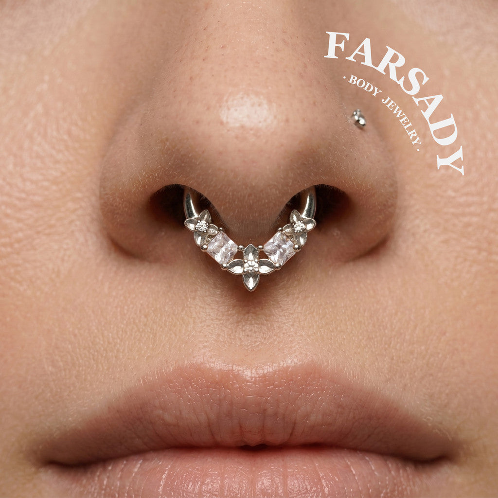 316L Flower Septum Clicker, White CZ Septum Nose Ring, 16G 8mm Daith Hoop Earring, Gold Septum Ring, Silver Helix/ Conch/ Tragus Ring