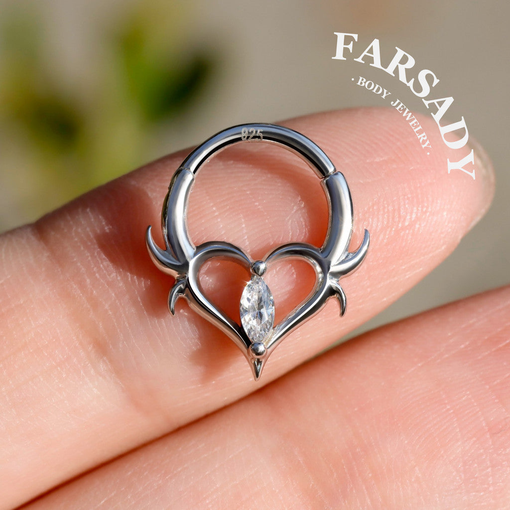 16G Thorn Heart CZ Clicker Daith Earring: Sterling Silver Plated 18K Gold, Alt Fashion Septum Ring, Sharp Spike Helix Tragus Hoop Jewelry