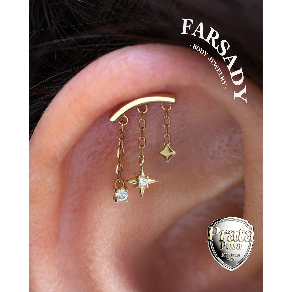 Designed for vertical helix piercings/ 925 Silver Helix Chain Earring 18K Plated/ Star Dangle Earring/ Threadless Push In Hidden Rook Stud