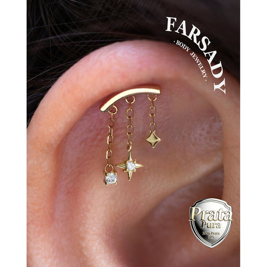 Designed for vertical helix piercings/ 925 Silver Helix Chain Earring 18K Plated/ Star Dangle Earring/ Threadless Push In Hidden Rook Stud