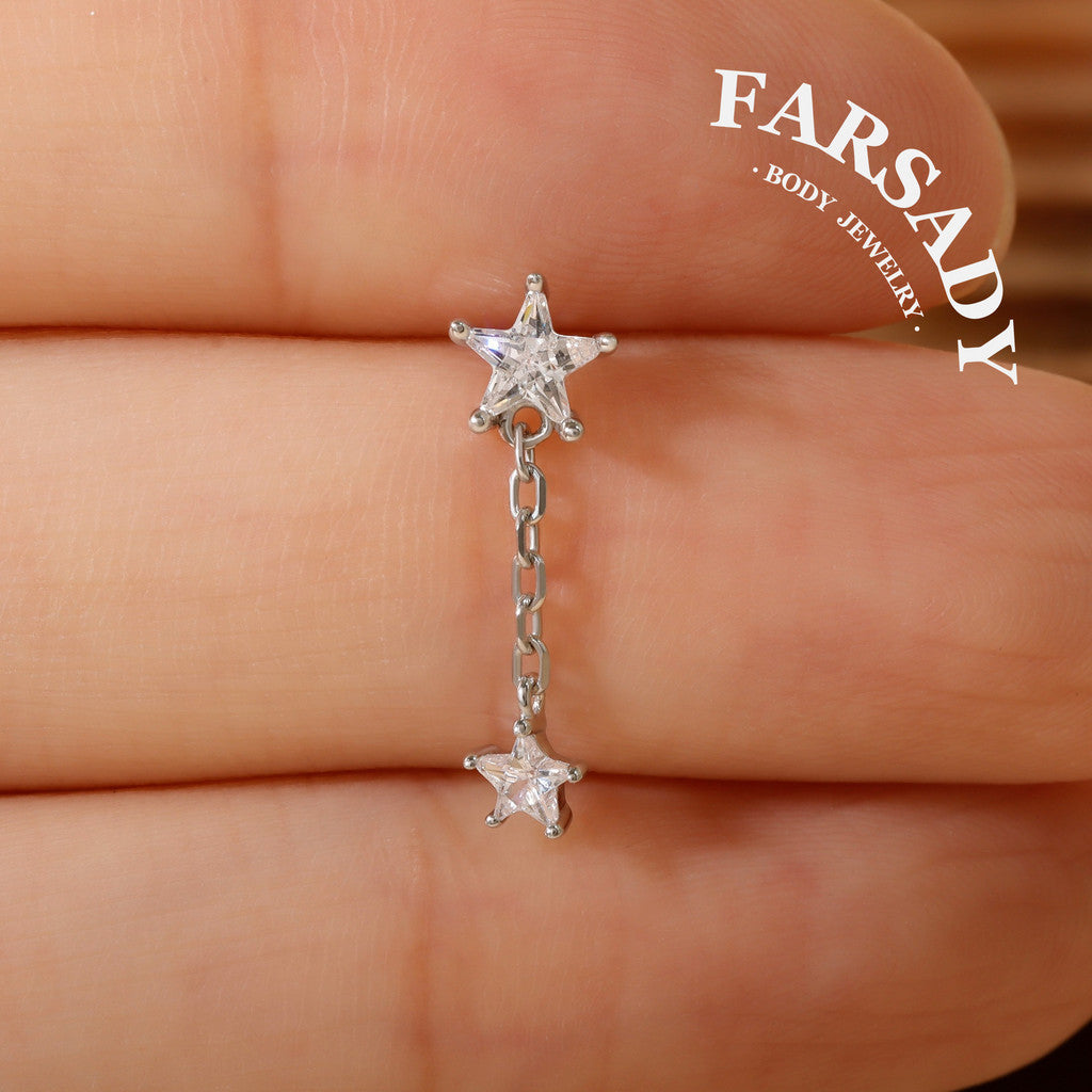 Sterling Silver Dangle Star Cartilage Earring Threadless Push In, S925 Helix Stud, Flat Back Lobe, Tragus Piercing Jewelry