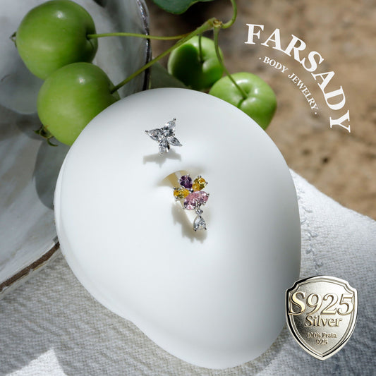 Petal Flutter - Sterling Silver Colorful CZ Belly Button Ring / Fits 14G Navel Piercing / Waterproof & Hypoallergenic for Sensitive Skin, Daily Wear Elegant Jewelry, Perfect Gift