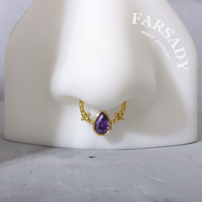 Amethyst Droplet Arc - 316L Fake Nose Ring C-Hoop Piercing / Fit Non-Pierced Septum Ring