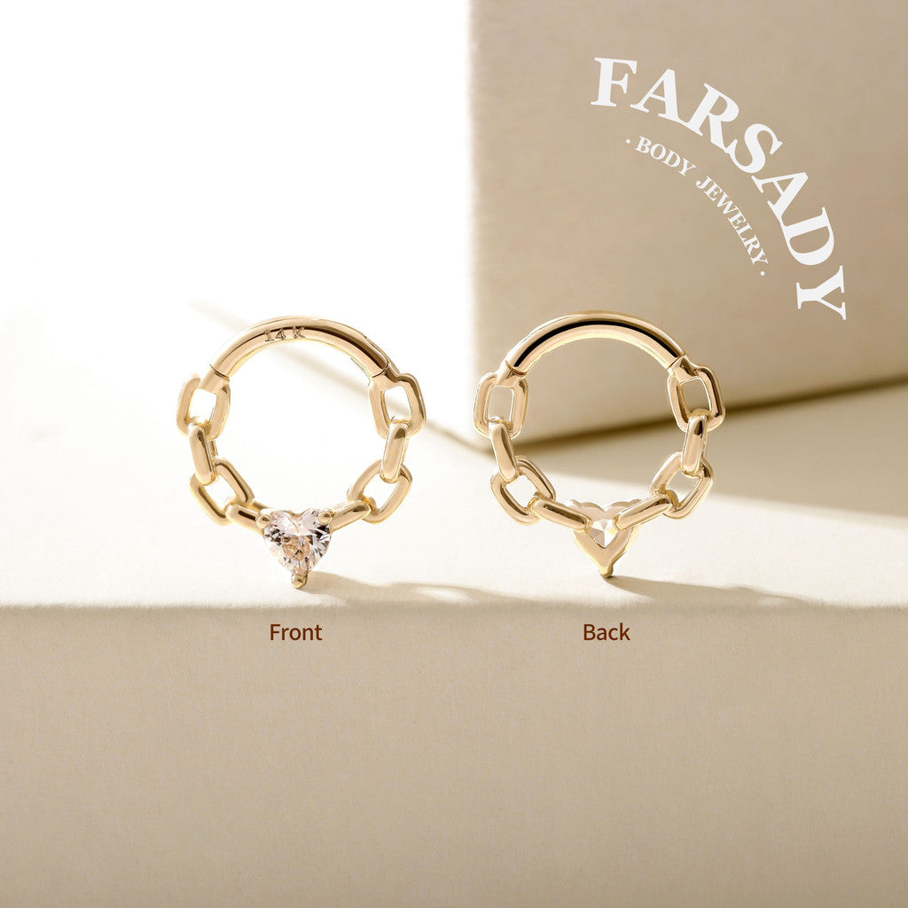 Chain Heartlock - Solid 14K Gold Hinged Clicker Hoop / Fits 16G Septum Ring Helix Conch Cartilage Earring