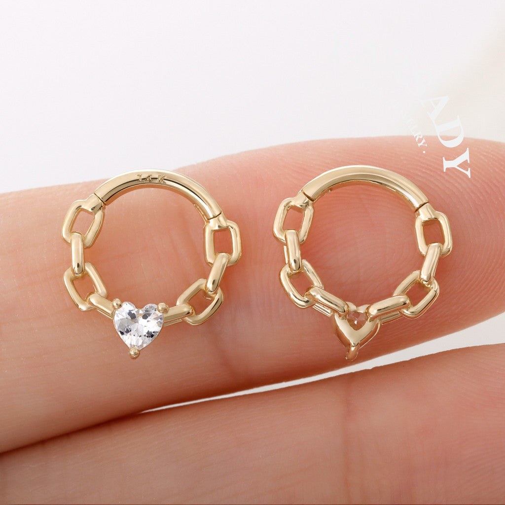 Chain Heartlock - Solid 14K Gold Hinged Clicker Hoop / Fits 16G Septum Ring Helix Conch Cartilage Earring