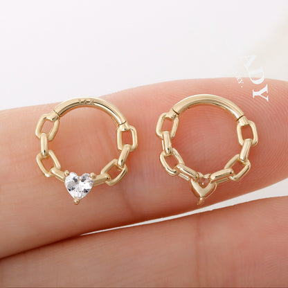 Chain Heartlock - Solid 14K Gold Hinged Clicker Hoop / Fits 16G Septum Ring Helix Conch Cartilage Earring