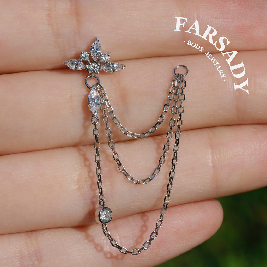 Petal Chain - 925 Silver Threadless Stud / Fits Cartilage Helix Tragus Lobe Earring