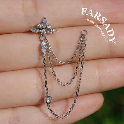 Petal Chain - 925 Silver Threadless Stud / Fits Cartilage Helix Tragus Lobe Earring