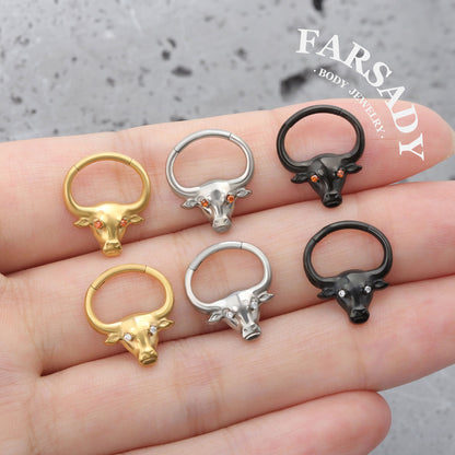 Bull Crest - F136 Titanium Hinged Clicker Hoop / Fits 16G Septum Ring Helix Conch Cartilage Earring