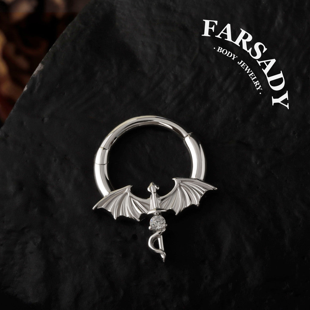 Winged Dagger - Dragon Wing CZ Hinged Clicker Hoop / Fits 16G Septum Ring Helix Conch Daith Earring