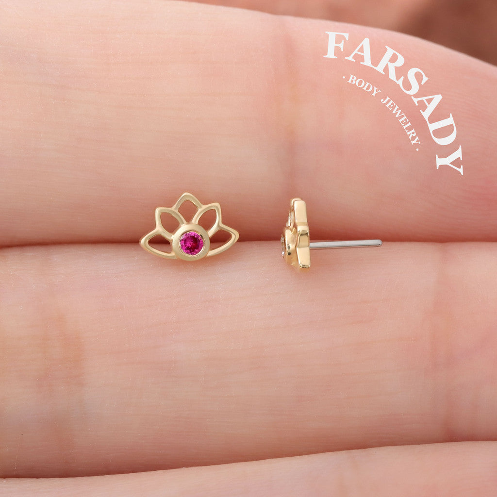 Crimson Lotus - Solid 14K Gold Threadless Stud / Fits Cartilage Helix Tragus Lobe Nostril Piercing