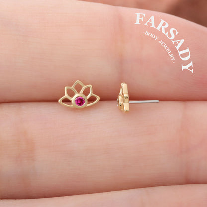 Crimson Lotus - Solid 14K Gold Threadless Stud / Fits Cartilage Helix Tragus Lobe Nostril Piercing