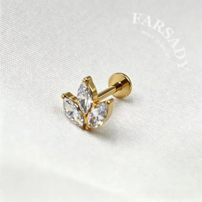 Three Marquise Leaf - F136 Titanium Internally Threaded Stud / Fits Cartilage Helix Tragus Lobe Nostril Piercing