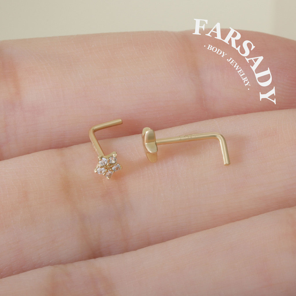 Minimal Star - Solid 14K Gold L-Shape Stud / Fit 20G Nostril Piercing