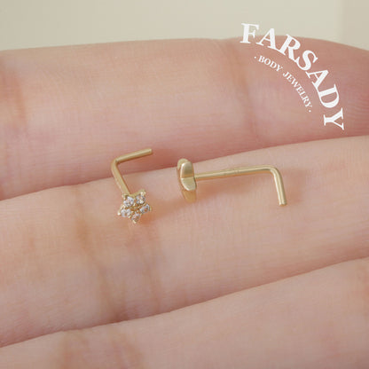 Minimal Star - Solid 14K Gold L-Shape Stud / Fit 20G Nostril Piercing