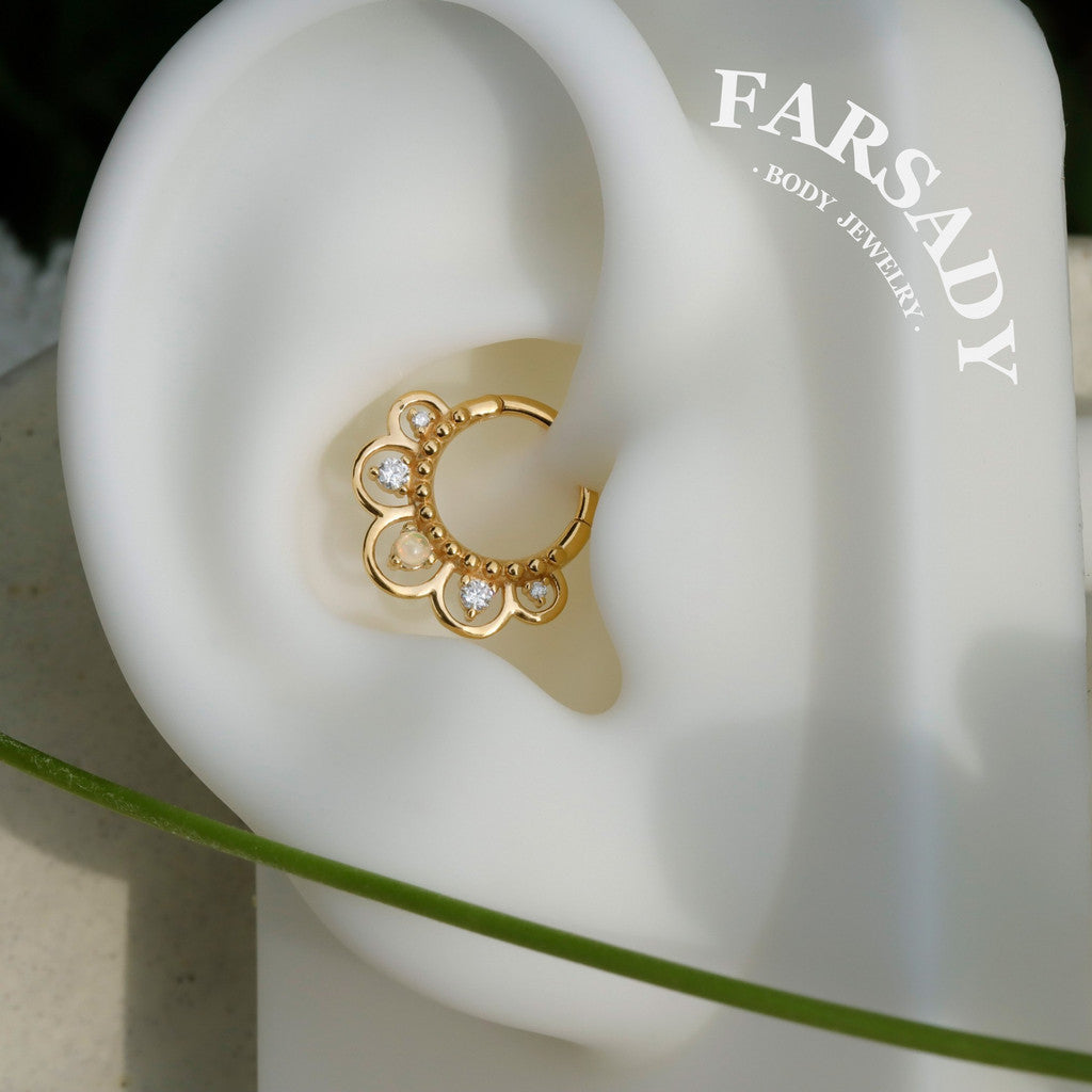 16G Nature Opal Flower Septum Ring,Real Opal Hinged Septum Clicker,925 Sterling Silver Plated 18k Gold,Gold Daith Earring Hoop,Helix Tragus Hoop