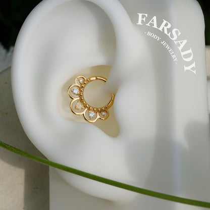 16G Nature Opal Flower Septum Ring,Real Opal Hinged Septum Clicker,925 Sterling Silver Plated 18k Gold,Gold Daith Earring Hoop,Helix Tragus Hoop