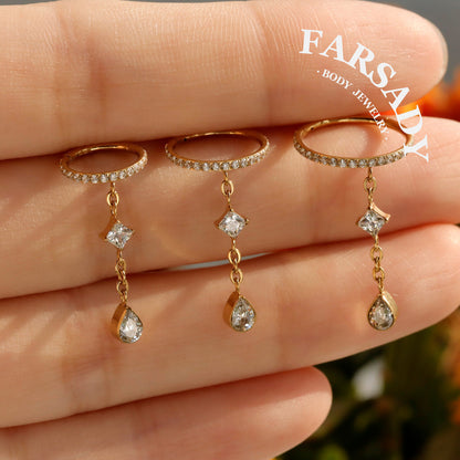 16G Titanium Cartilage Hoop with Sparkle Dangle, Gold Seamless Helix Ring Hypoallergenic, Silver Waterproof Conch Piercing Jewelry,8mm 10mm