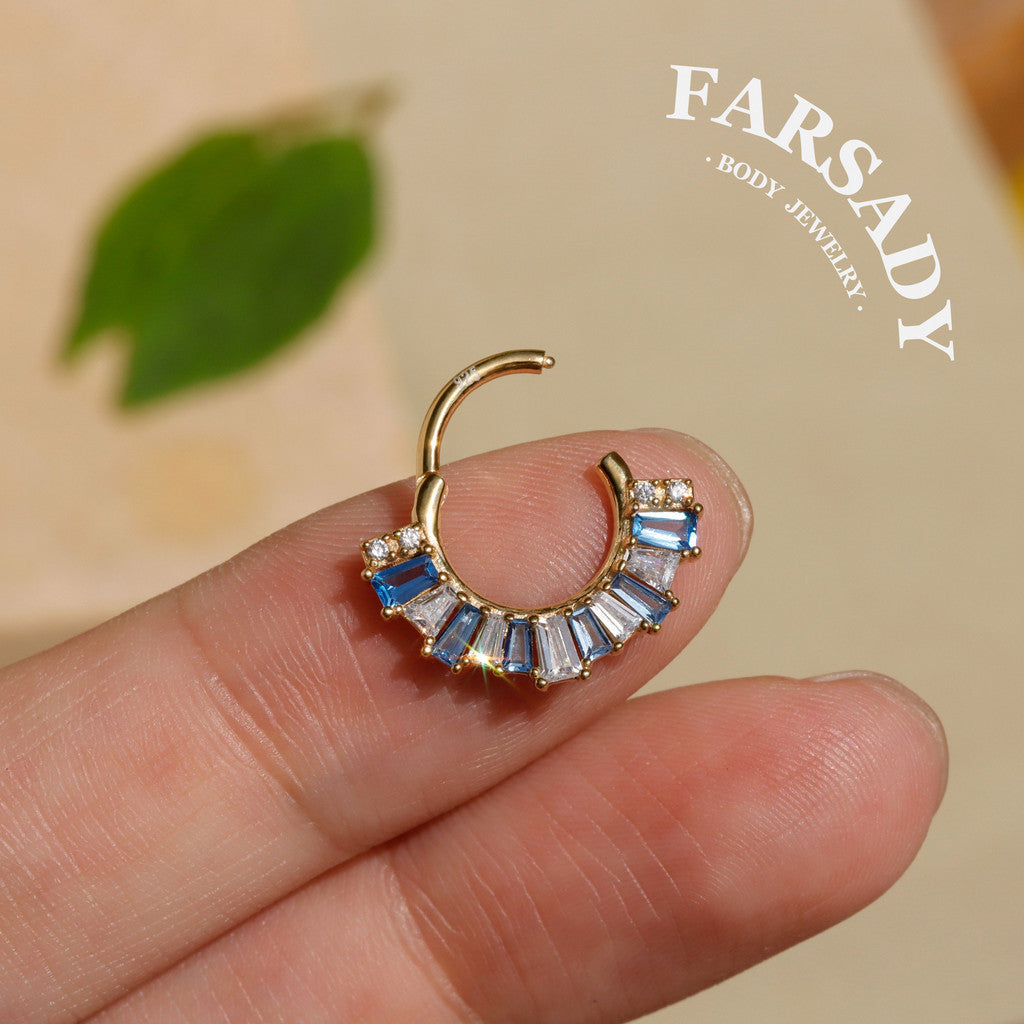 Sterling Silver Septum Ring 16G, Orginal Design Daith Piercing Blue CZ Earrings Hoop, Unique Septum Clicker Gold, 18K Plated Helix, Tragus Jewelry