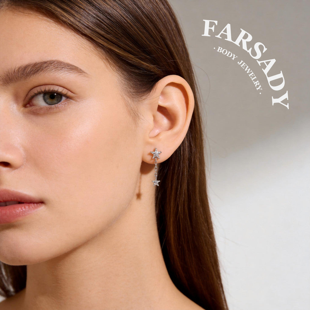 Sterling Silver Dangle Star Cartilage Earring Threadless Push In, S925 Helix Stud, Flat Back Lobe, Tragus Piercing Jewelry